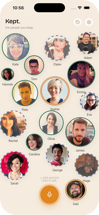 Kept home screen showing the people you keep in touch with