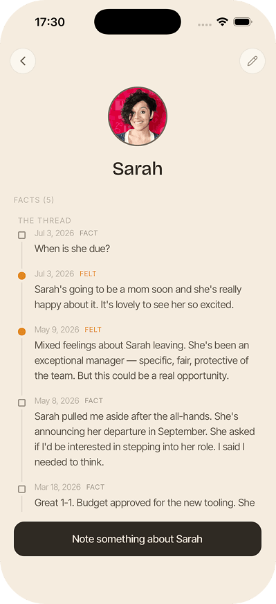 Kept profile screen showing the thread of facts and feelings for one person over time