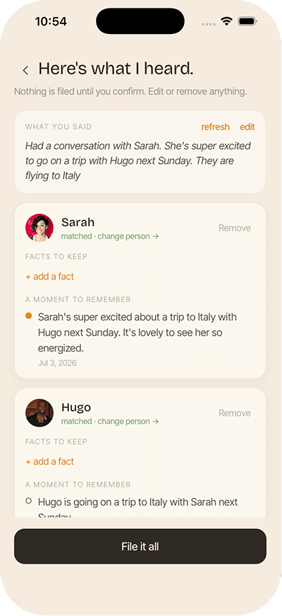 Kept review screen showing an extracted note before saving
