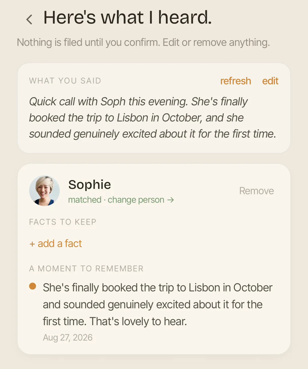 The review screen: the transcript reads “Quick call with Soph this evening”, and the card below it has resolved to Sophie, with her photo and the label “matched”.