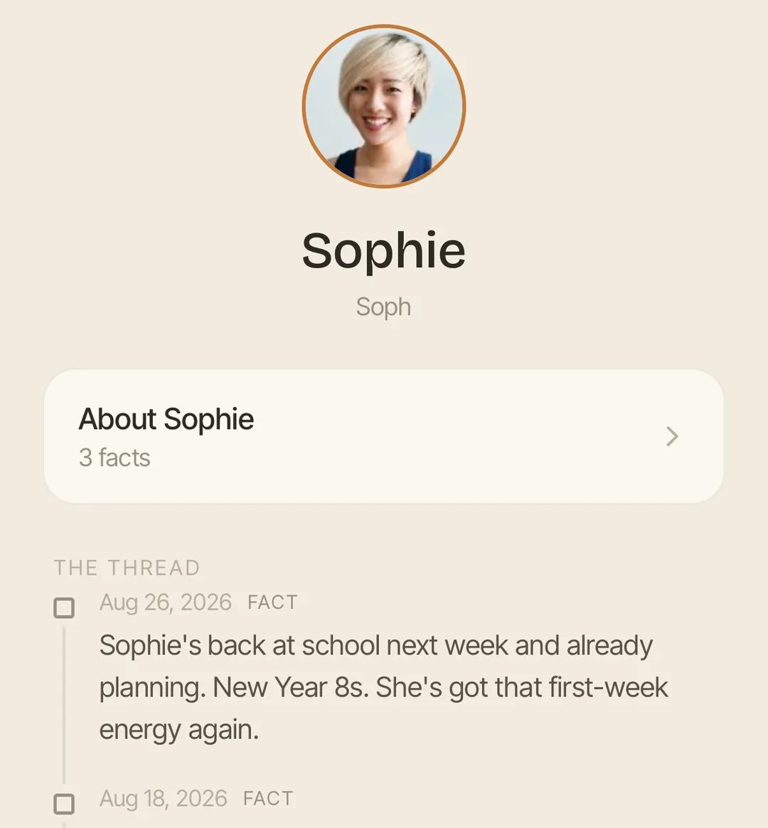 Sophie’s page: her photo, her name with “Soph” beneath it, a card reading “About Sophie — 3 facts”, then her thread of dated entries.