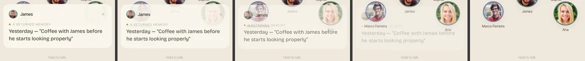 Five frames of a returned memory — “Yesterday — Coffee with James before he starts looking properly” — fading out on its own to leave the constellation of faces behind it.